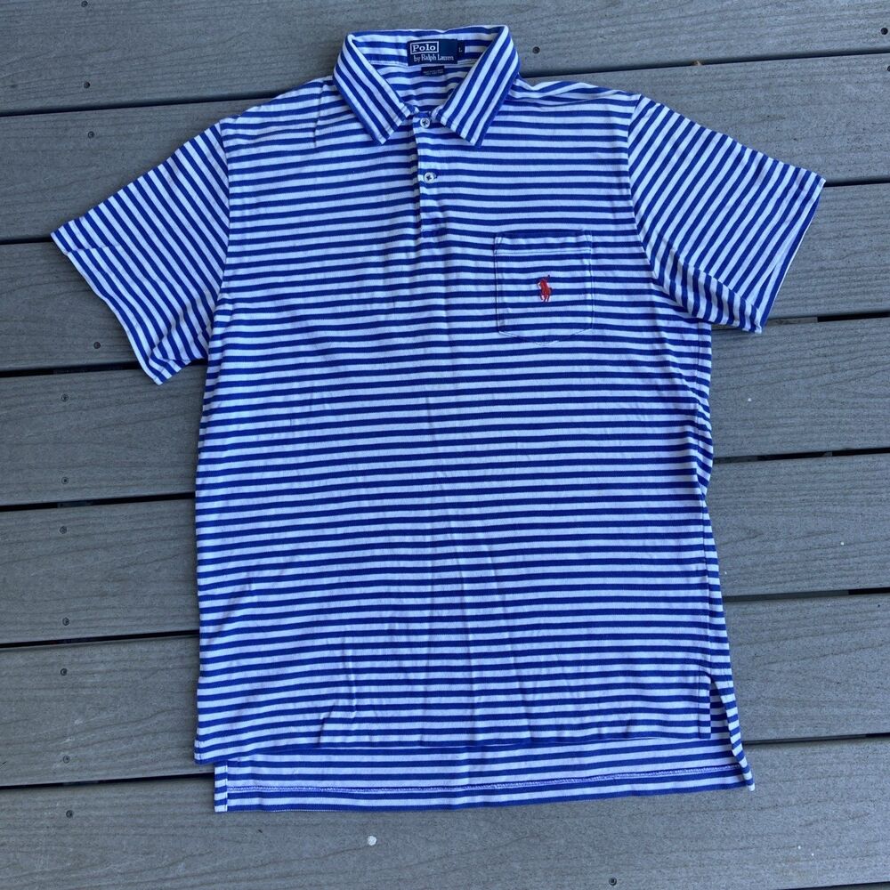 Y2K Polo Ralph Lauren Blue White Striped Shirt Textured Polo Cotton Large